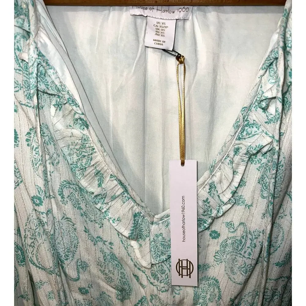 New House of Harlow Ruffle Smocked Waistband Paisley Print Dress Size XS - Picture 2 of 7